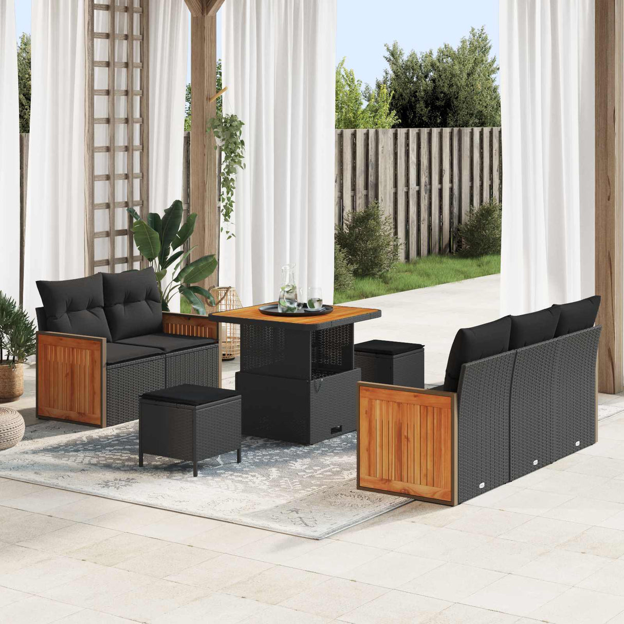 vidaXL Tuinbank Set 8 pcs Zwart Poly Rattan en Poedergecoat Staal