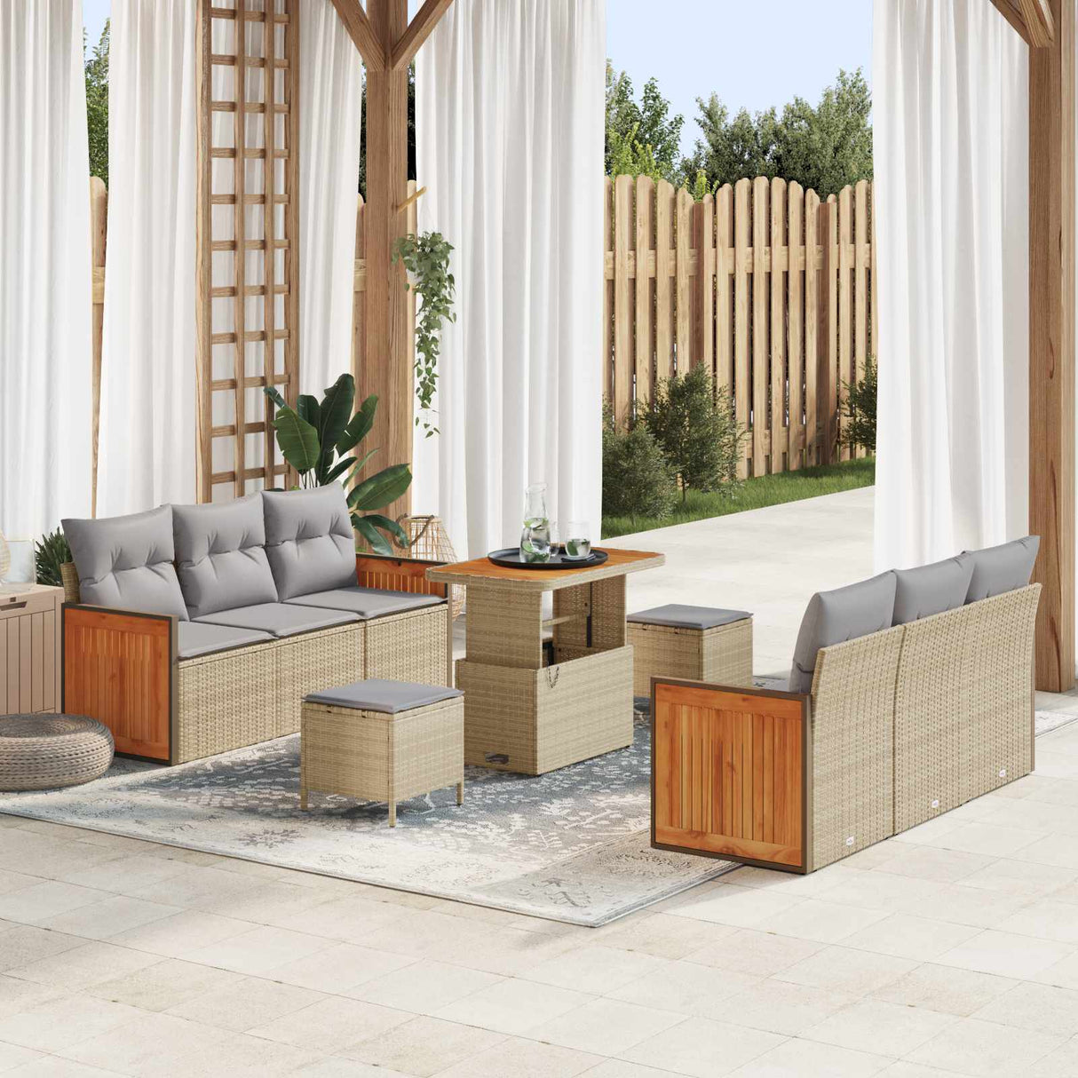 vidaXL Tuinbank Set 9 pcs Zwart Poly Rattan en Poedergecoat Staal