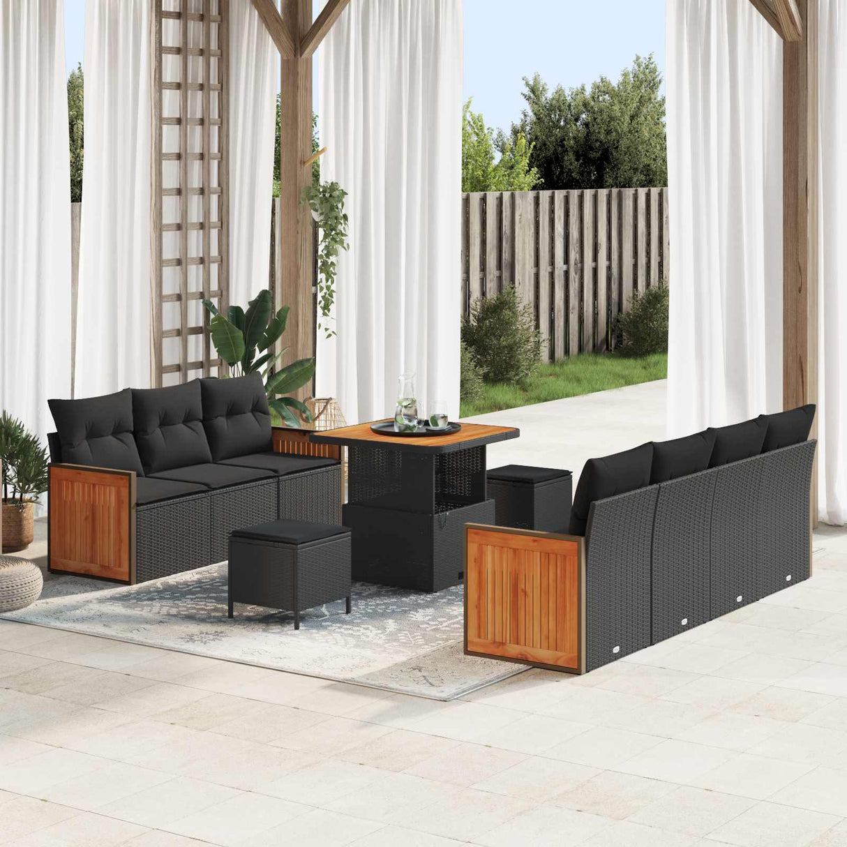 vidaXL Tuinbank Set 10 pcs Zwart Poly Rattan en Poedergecoat Staal