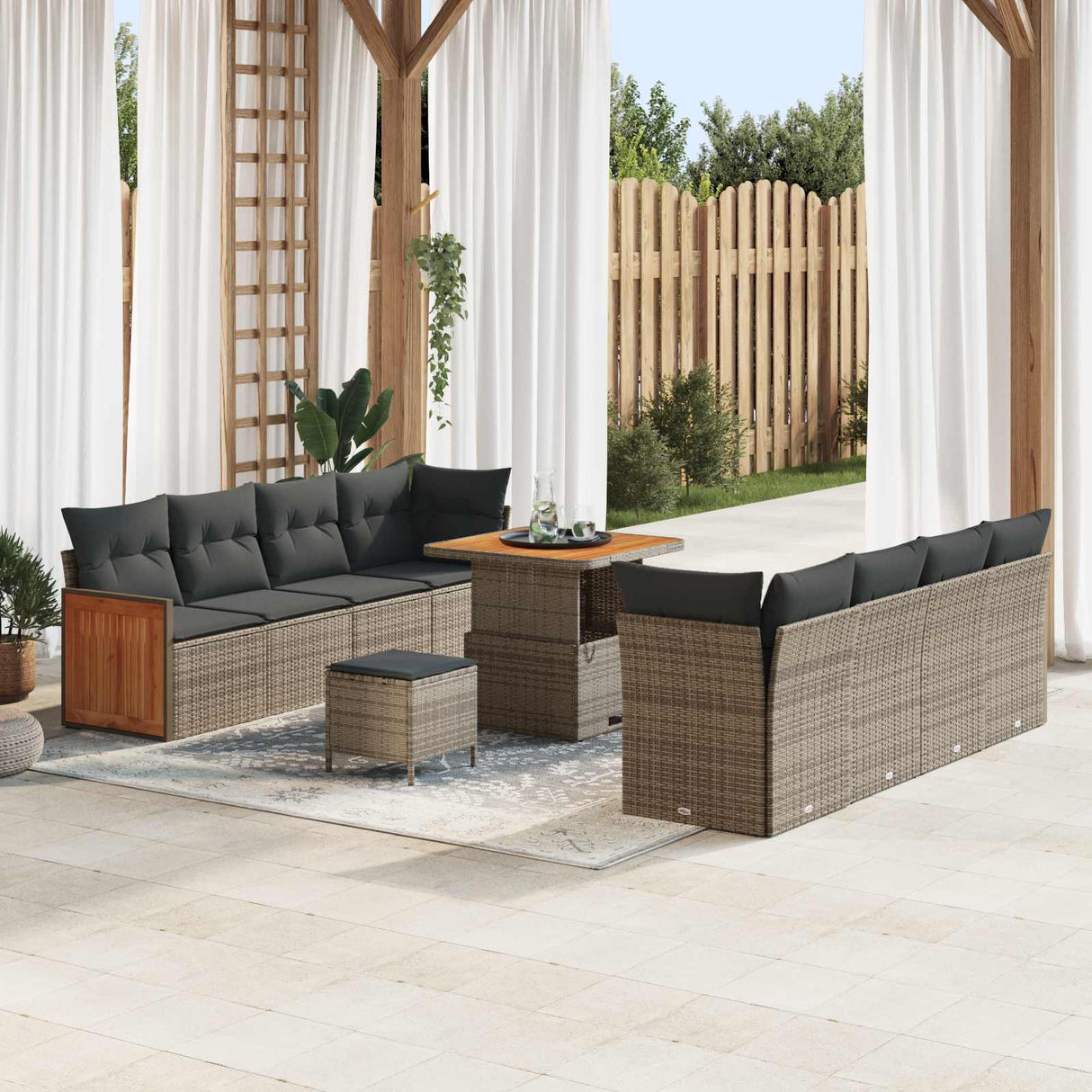 vidaXL Tuinbank Set 11 pcs Zwart Poly Rattan en Poedergecoat Staal