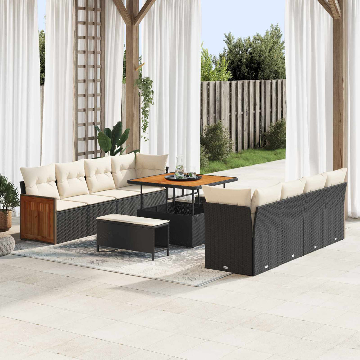vidaXL Tuinbank Set 11 pcs Zwart Poly Rattan en Poedergecoat Staal