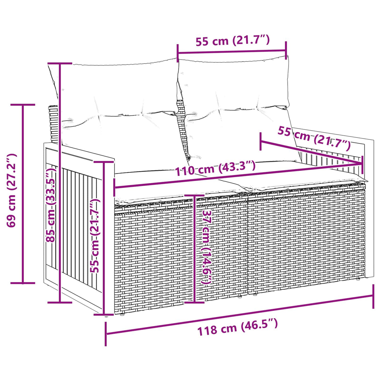 vidaXL Tuinbank Set 10 pcs Zwart Poly Rattan en Poedergecoat Staal