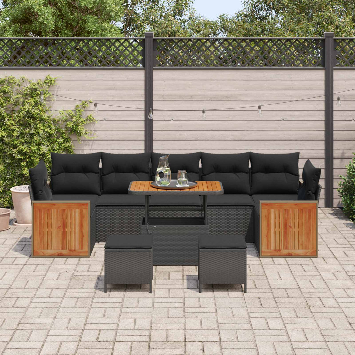 vidaXL Tuinbank Set 10 pcs Zwart Poly Rattan en Poedergecoat Staal