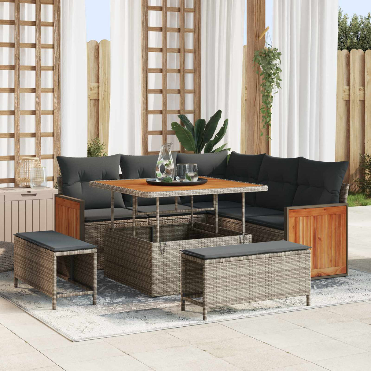 vidaXL Tuinbank Set 8 pcs Zwart Poly Rattan en Poedergecoat Staal