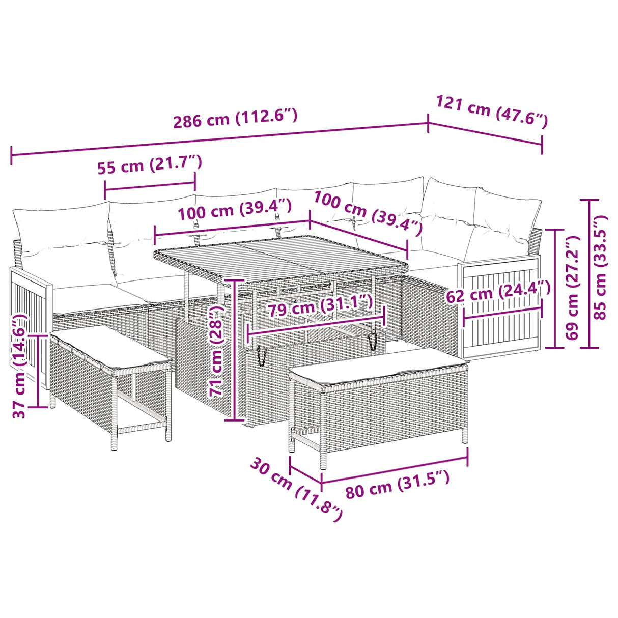 vidaXL Tuinbank Set 9 pcs Zwart Poly Rattan en Poedergecoat Staal