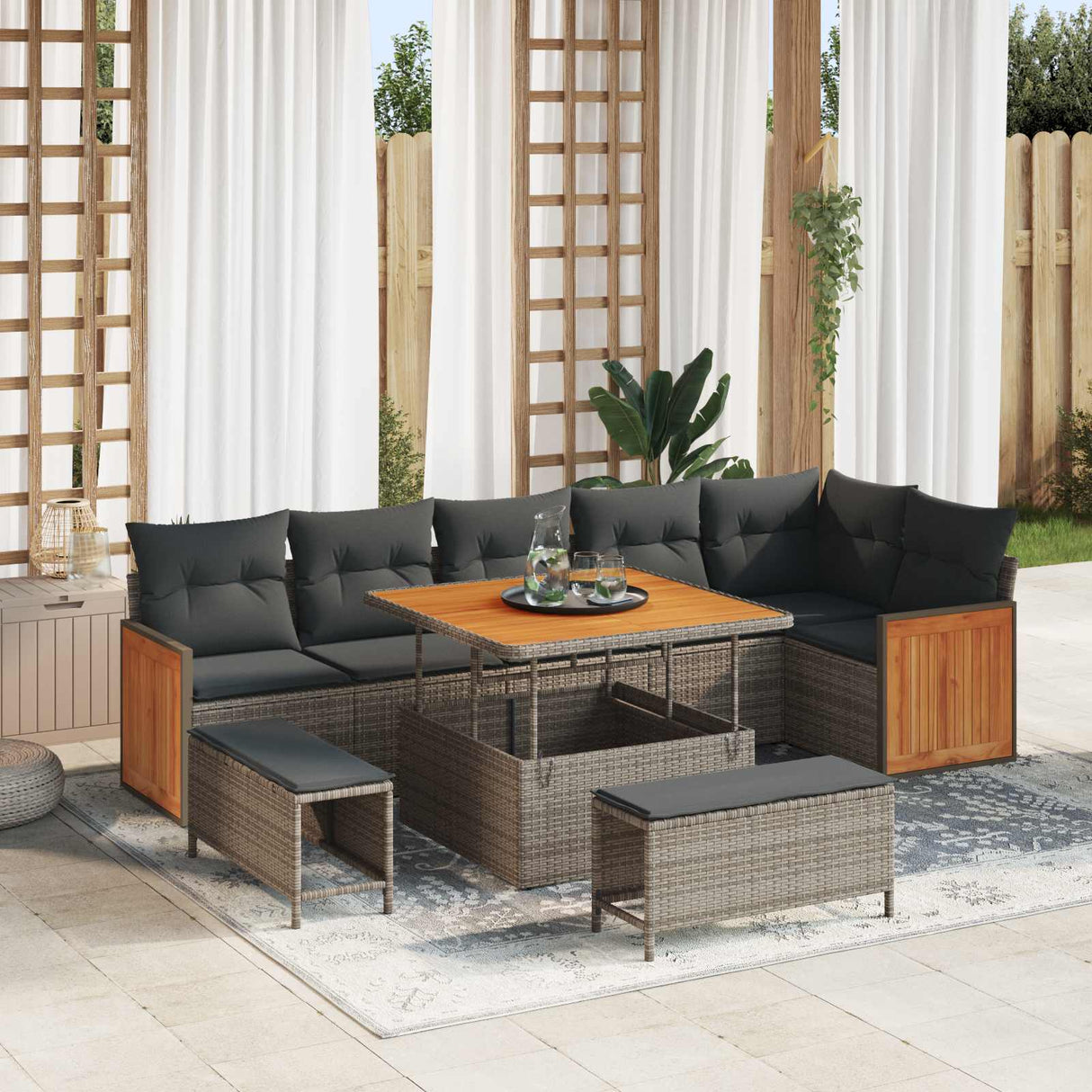 vidaXL Tuinbank Set 9 pcs Zwart Poly Rattan en Poedergecoat Staal