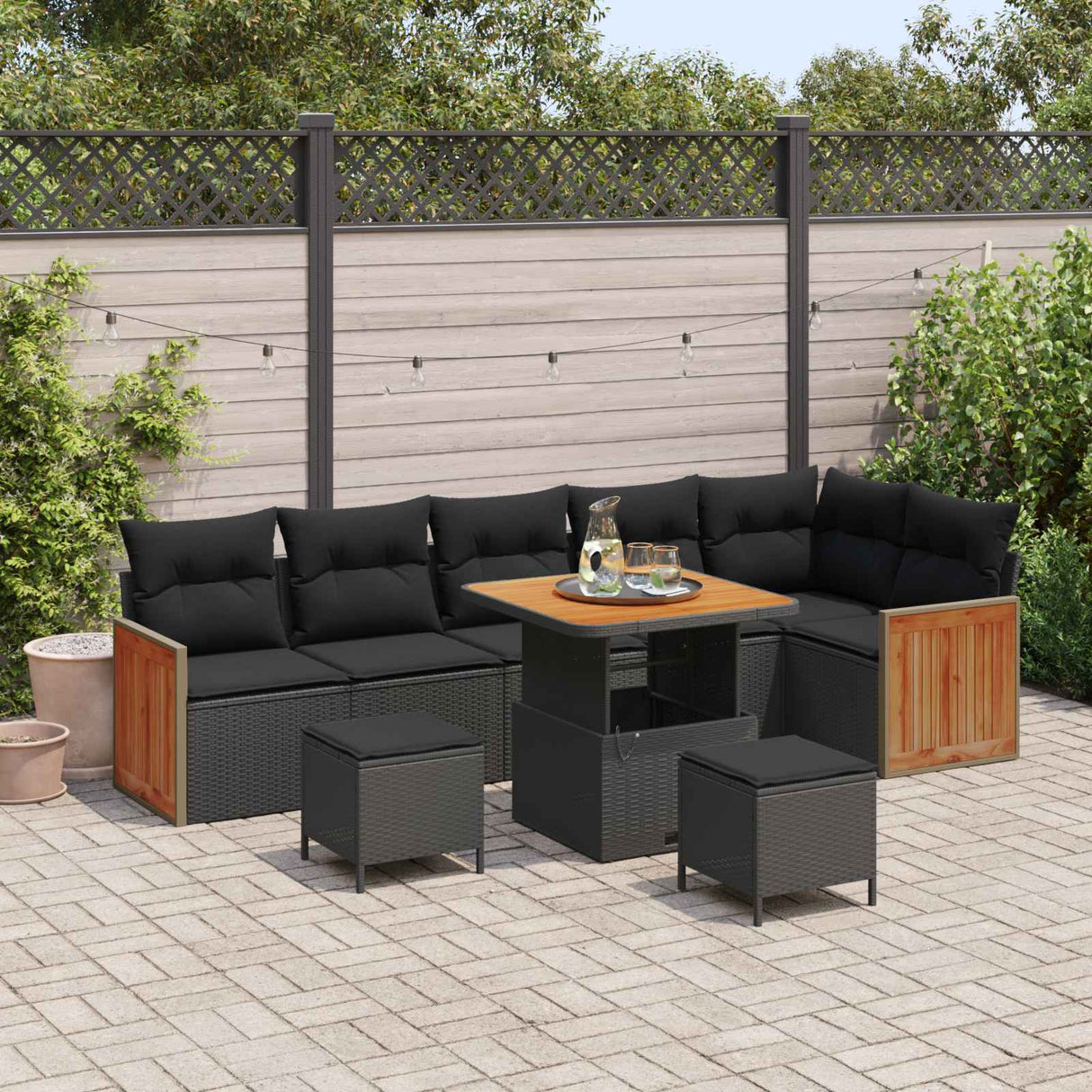 vidaXL Tuinbank Set 9 pcs Zwart Poly Rattan en Poedergecoat Staal
