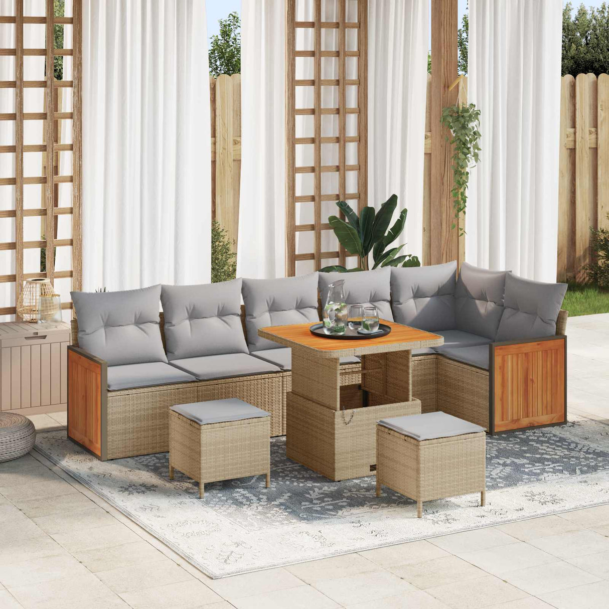 vidaXL Tuinbank Set 9 pcs Zwart Poly Rattan en Poedergecoat Staal