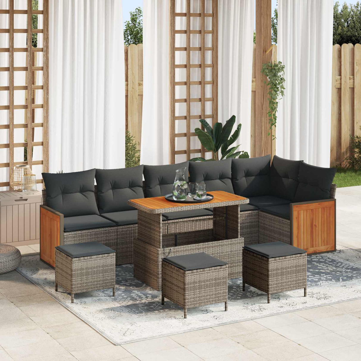 vidaXL Tuinbank Set 9 pcs Zwart Poly Rattan en Poedergecoat Staal