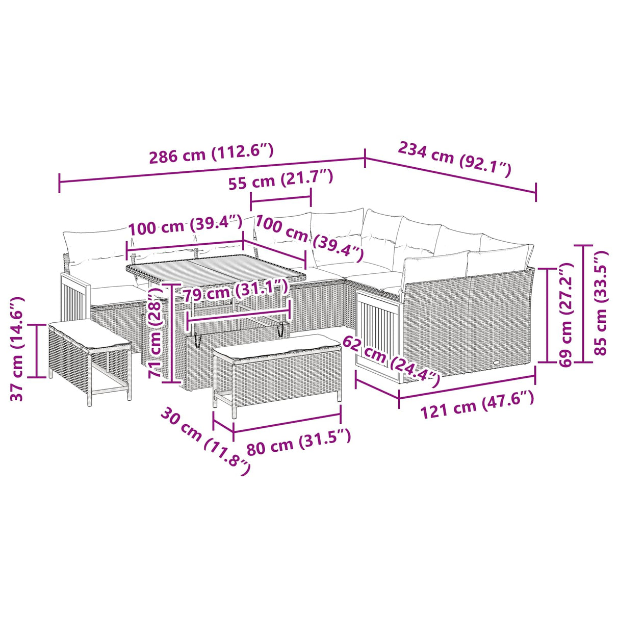 vidaXL Tuinbank Set 12 pcs Zwart Poly Rattan en Poedergecoat Staal