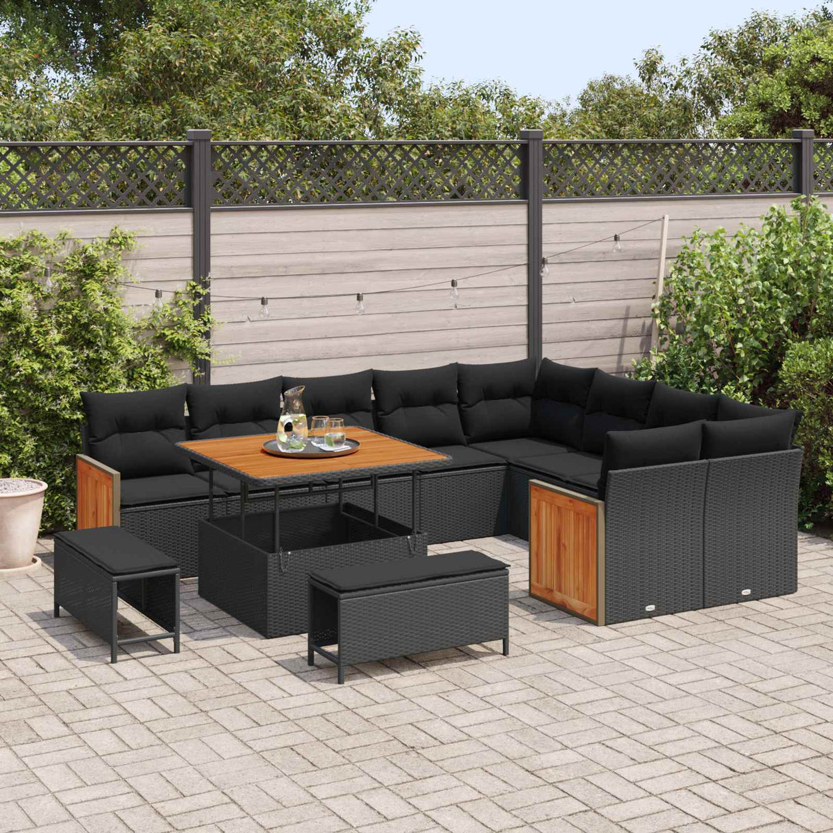vidaXL Tuinbank Set 12 pcs Zwart Poly Rattan en Poedergecoat Staal