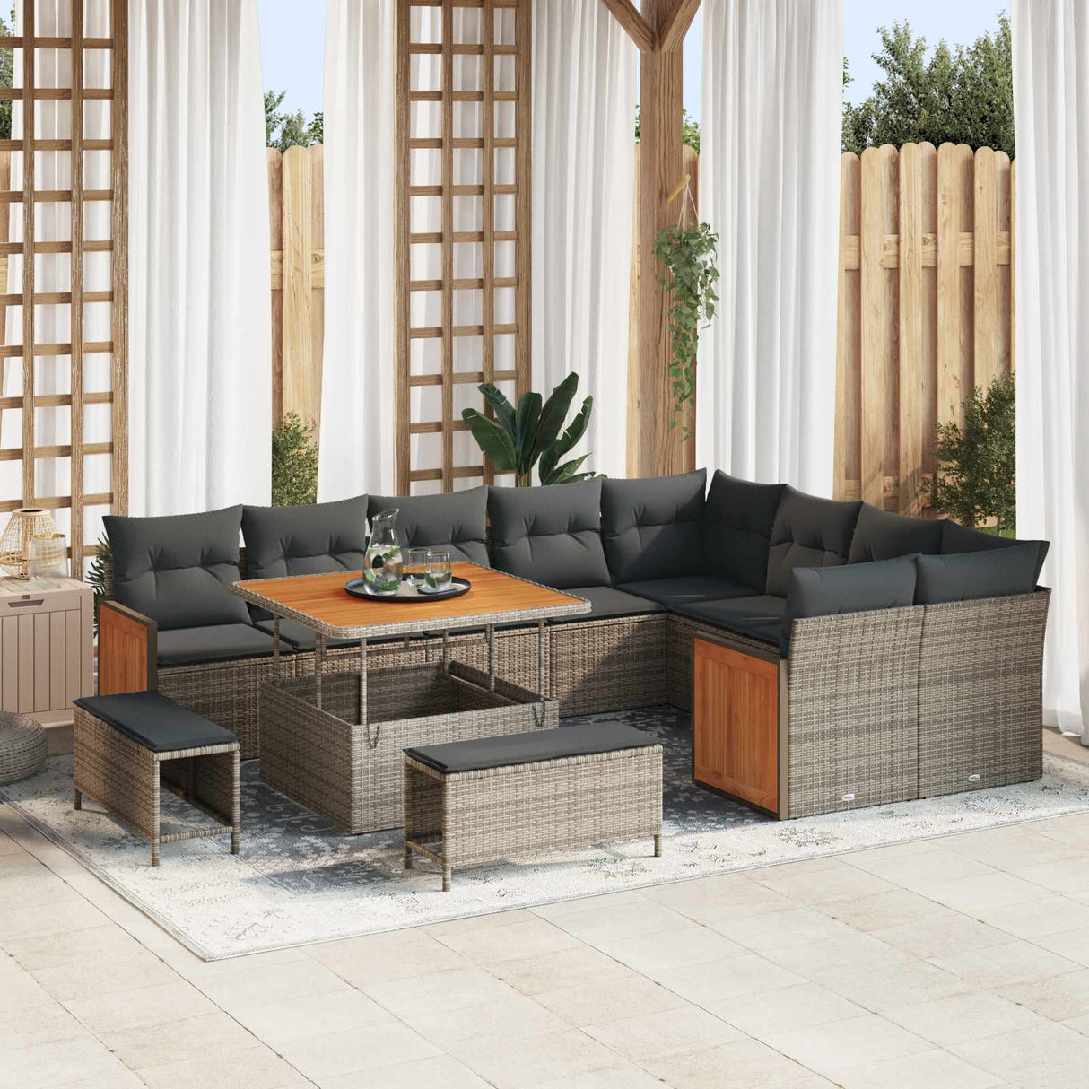 vidaXL Tuinbank Set 12 pcs Zwart Poly Rattan en Poedergecoat Staal