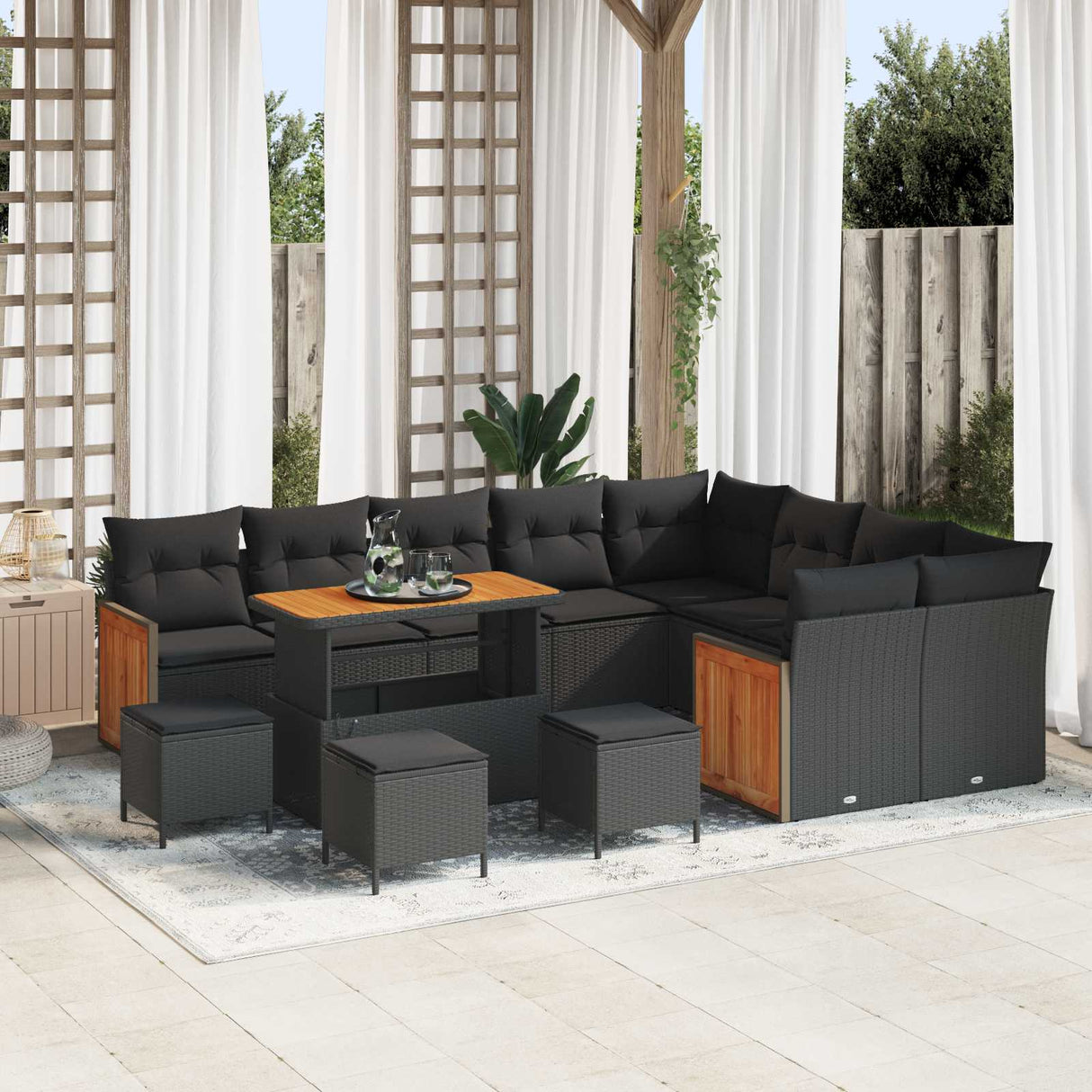 vidaXL Tuinbank Set 12 pcs Zwart Poly Rattan en Poedergecoat Staal