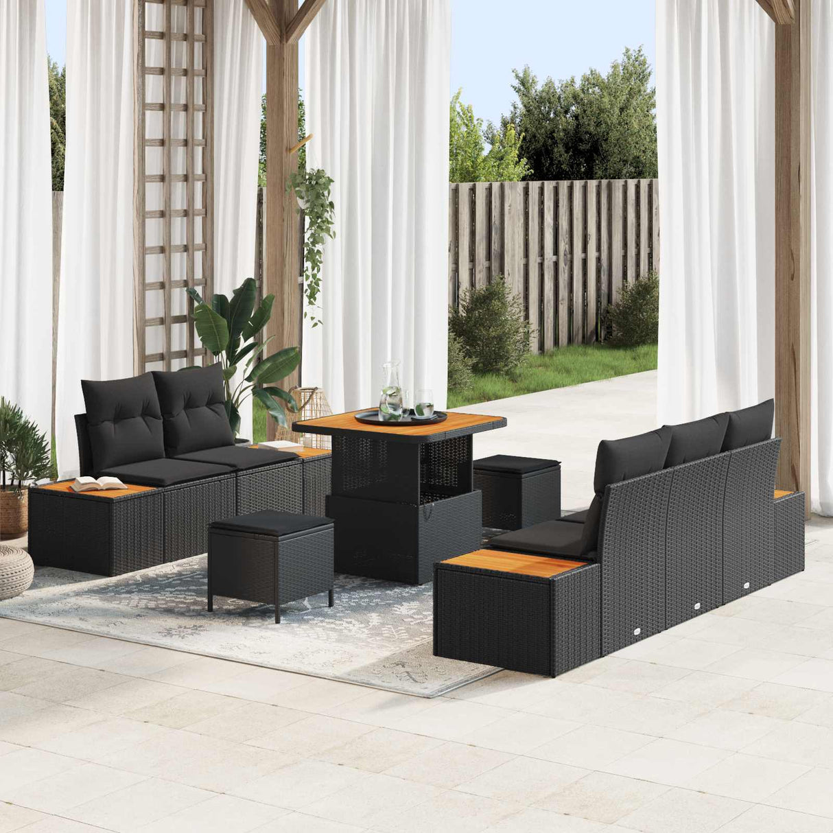 vidaXL Tuinbank Set 8 pcs Zwart Poly Riet en Poedergecoat Staal