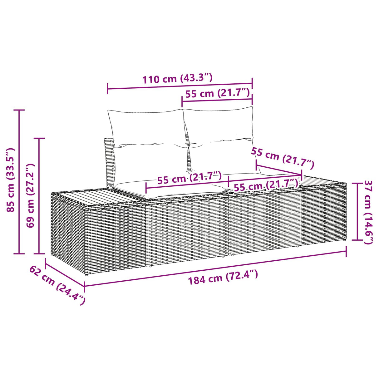 vidaXL Tuinbank Set 8 pcs Zwart Poly Riet en Poedergecoat Staal
