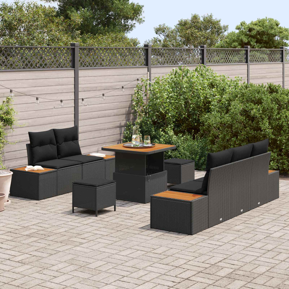 vidaXL Tuinbank Set 8 pcs Zwart Poly Riet en Poedergecoat Staal