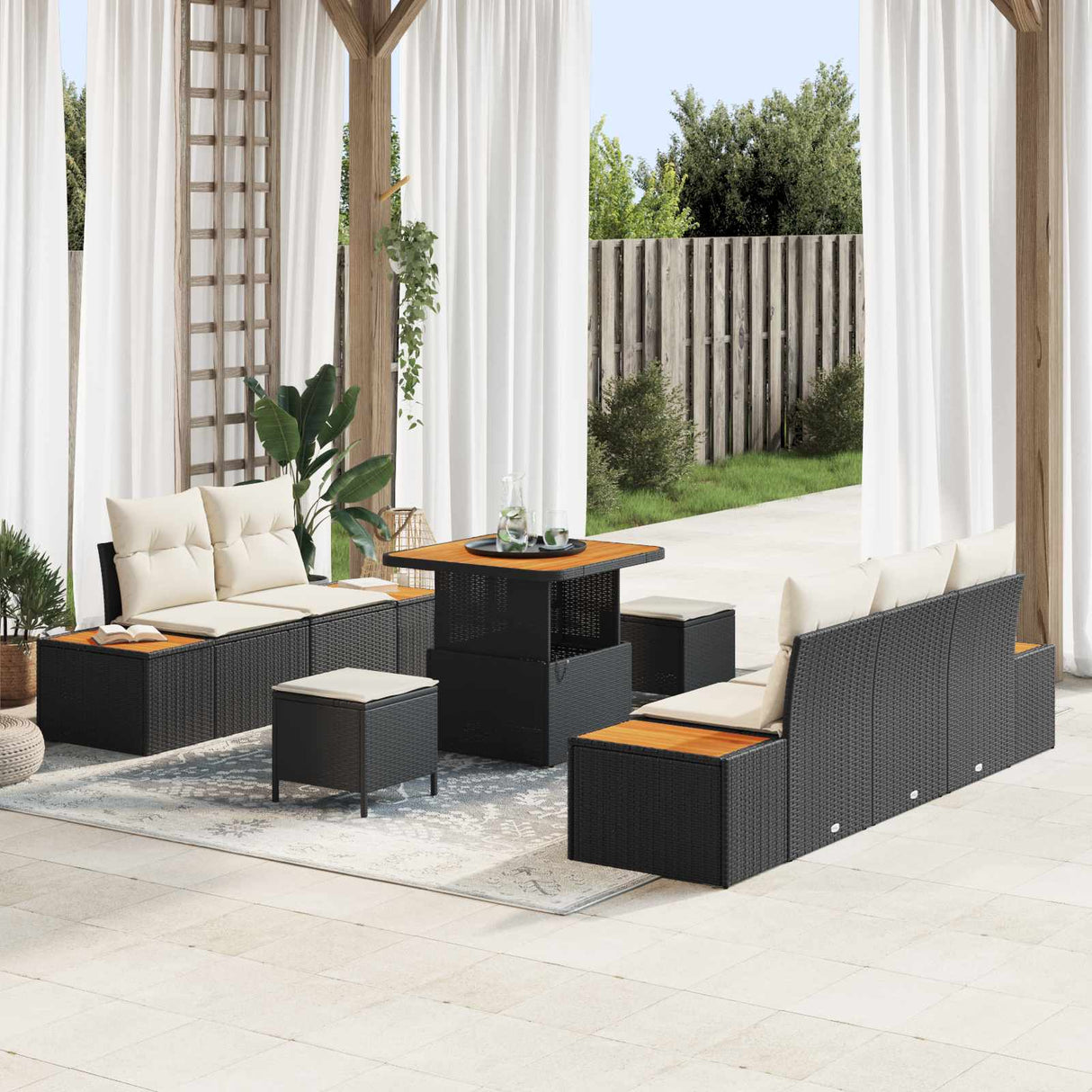 vidaXL Tuinbank Set 8 pcs Zwart Poly Riet en Poedergecoat Staal
