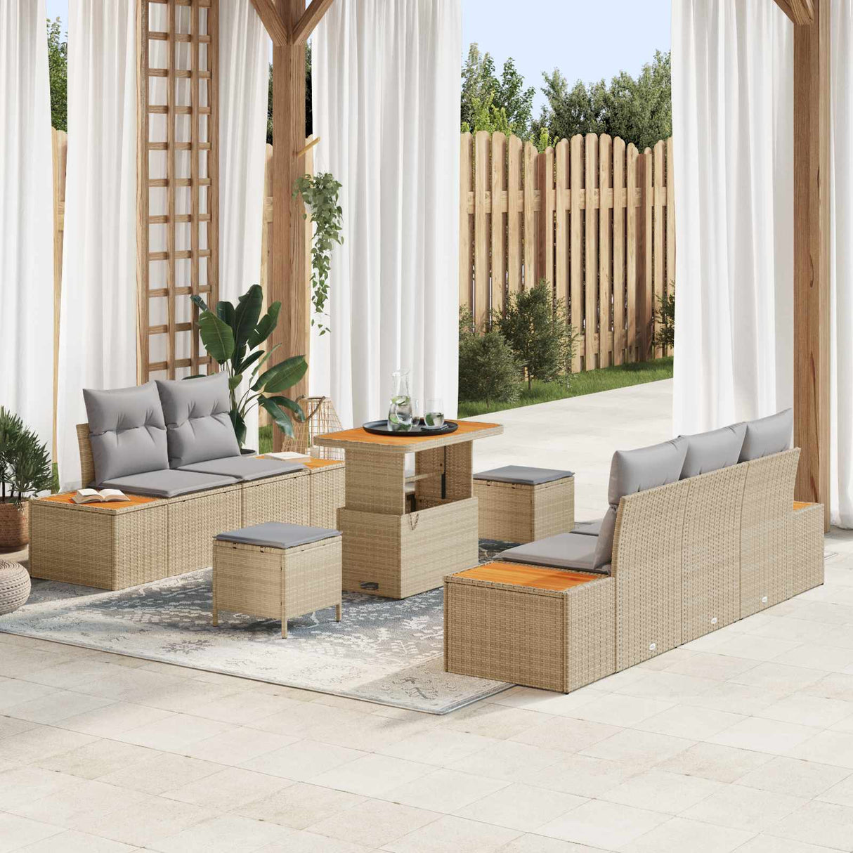 vidaXL Tuinbank Set 8 pcs Zwart Poly Riet en Poedergecoat Staal