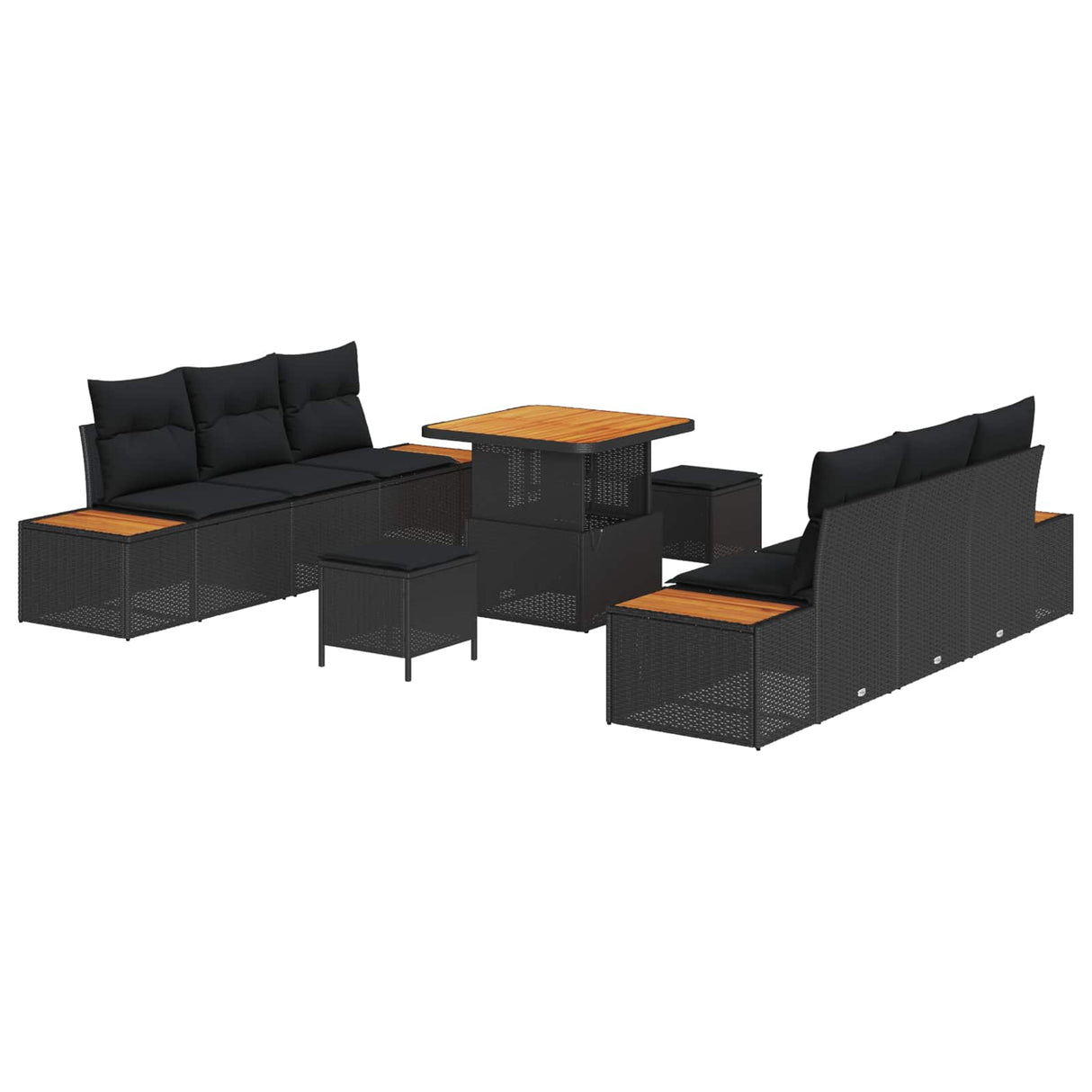 vidaXL Tuinbank Set 9 pcs Zwart Poly Riet en Poedergecoat Staal