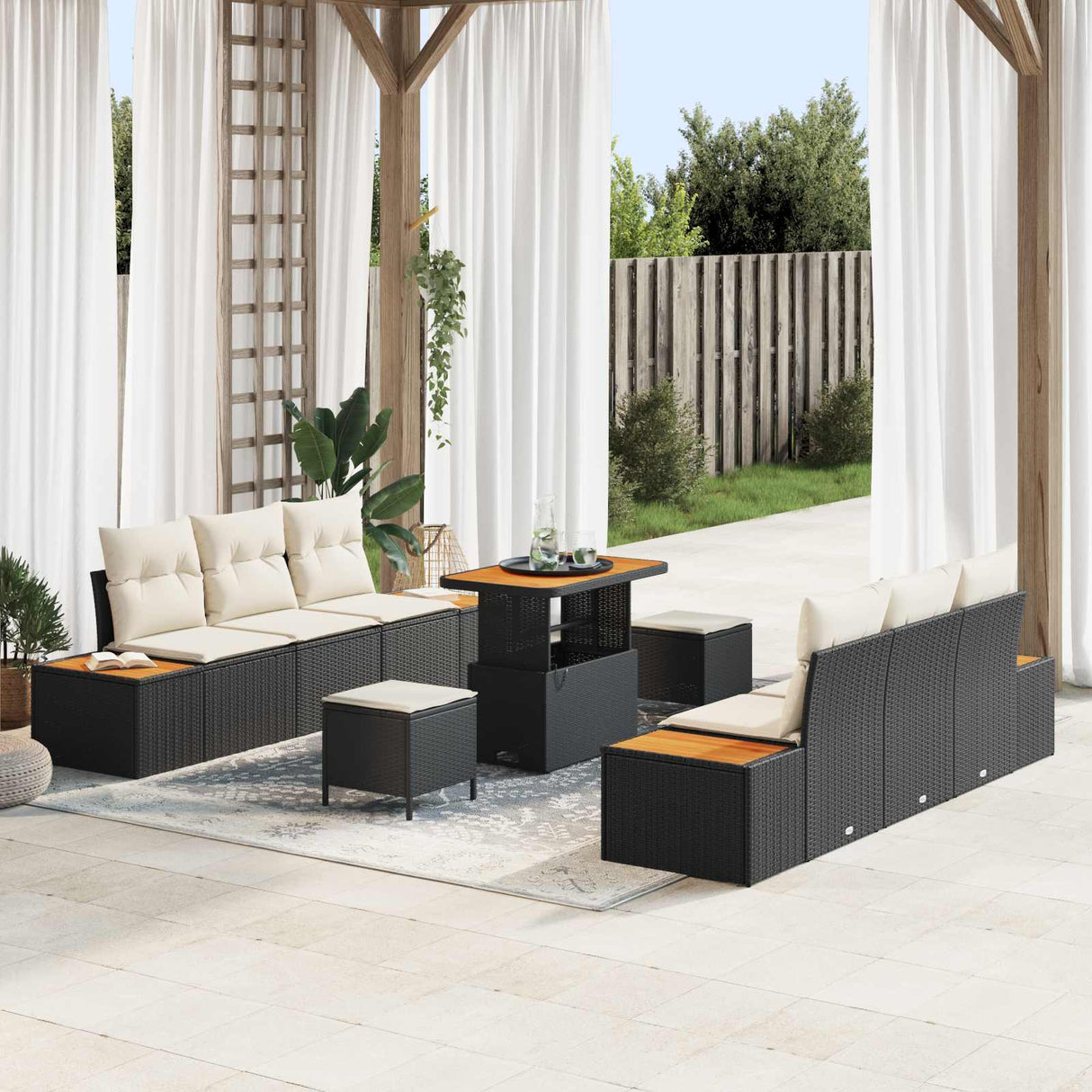vidaXL Tuinbank Set 9 pcs Zwart Poly Riet en Poedergecoat Staal