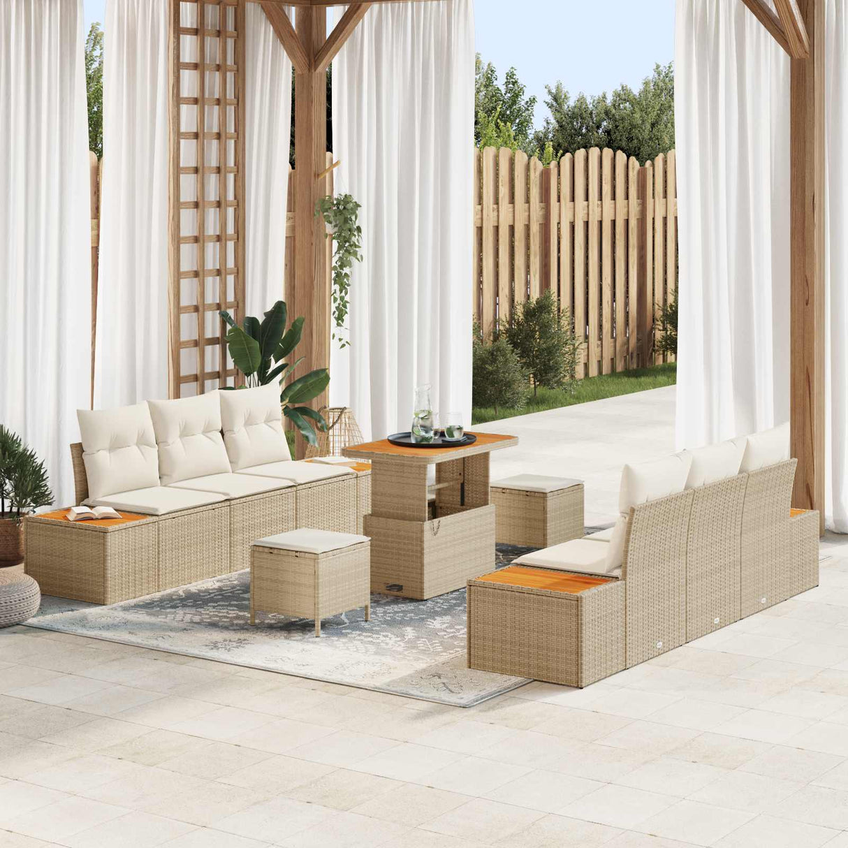 vidaXL Tuinbank Set 9 pcs Zwart Poly Riet en Poedergecoat Staal