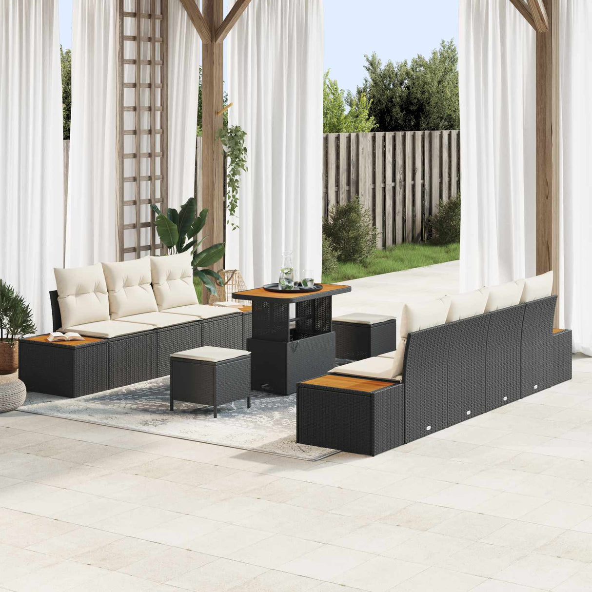 vidaXL Tuinbank Set 10 pcs Zwart Poly Riet en Poedergecoat Staal