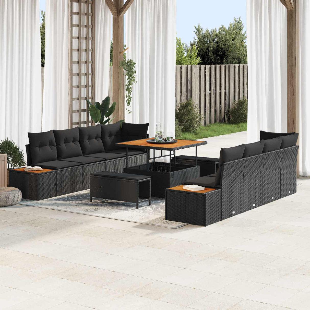 vidaXL Tuinbank Set 11 pcs Zwart Poly Riet en Poedergecoat Staal