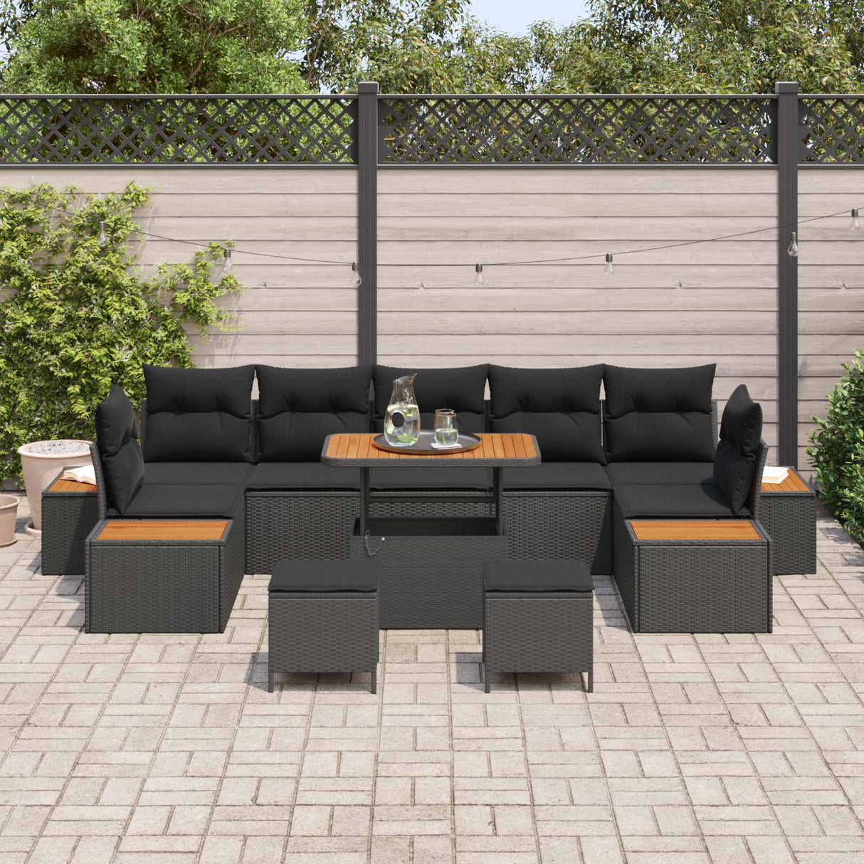 vidaXL Tuinbank Set 10 pcs Zwart Poly Riet en Poedergecoat Staal