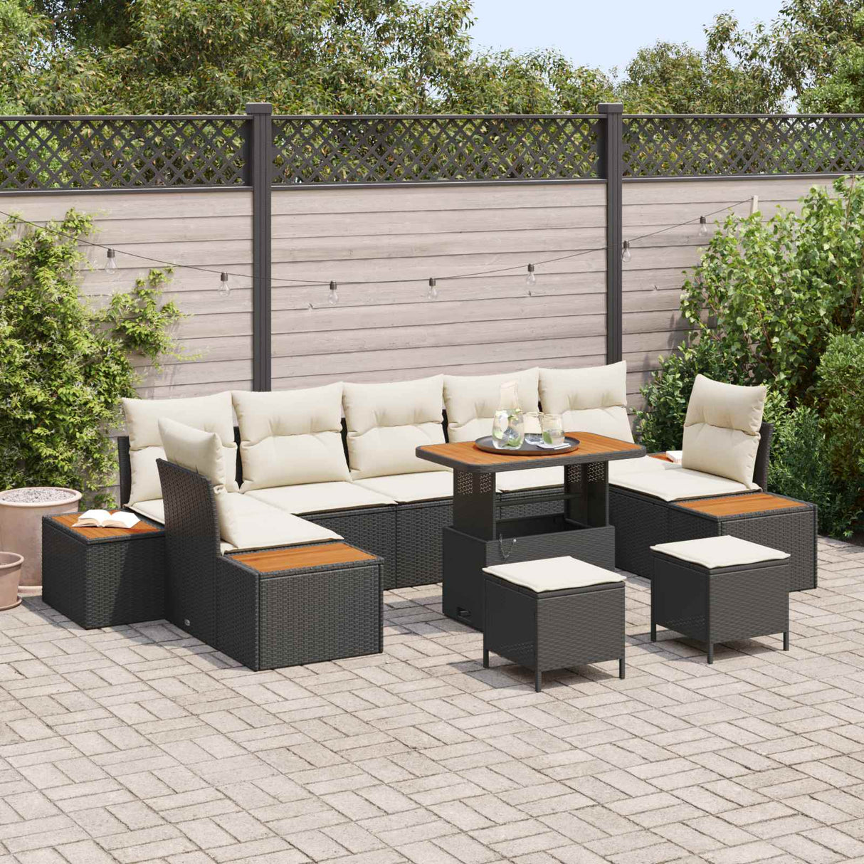 vidaXL Tuinbank Set 10 pcs Zwart Poly Riet en Poedergecoat Staal