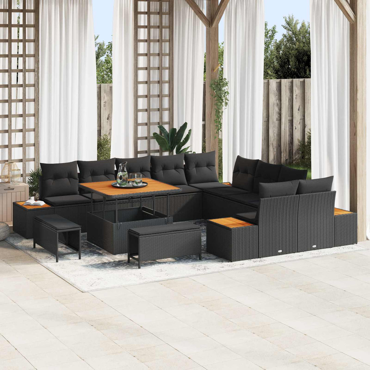 vidaXL Tuinbank Set 13 pcs Zwart Poly Riet en Poedergecoat Staal