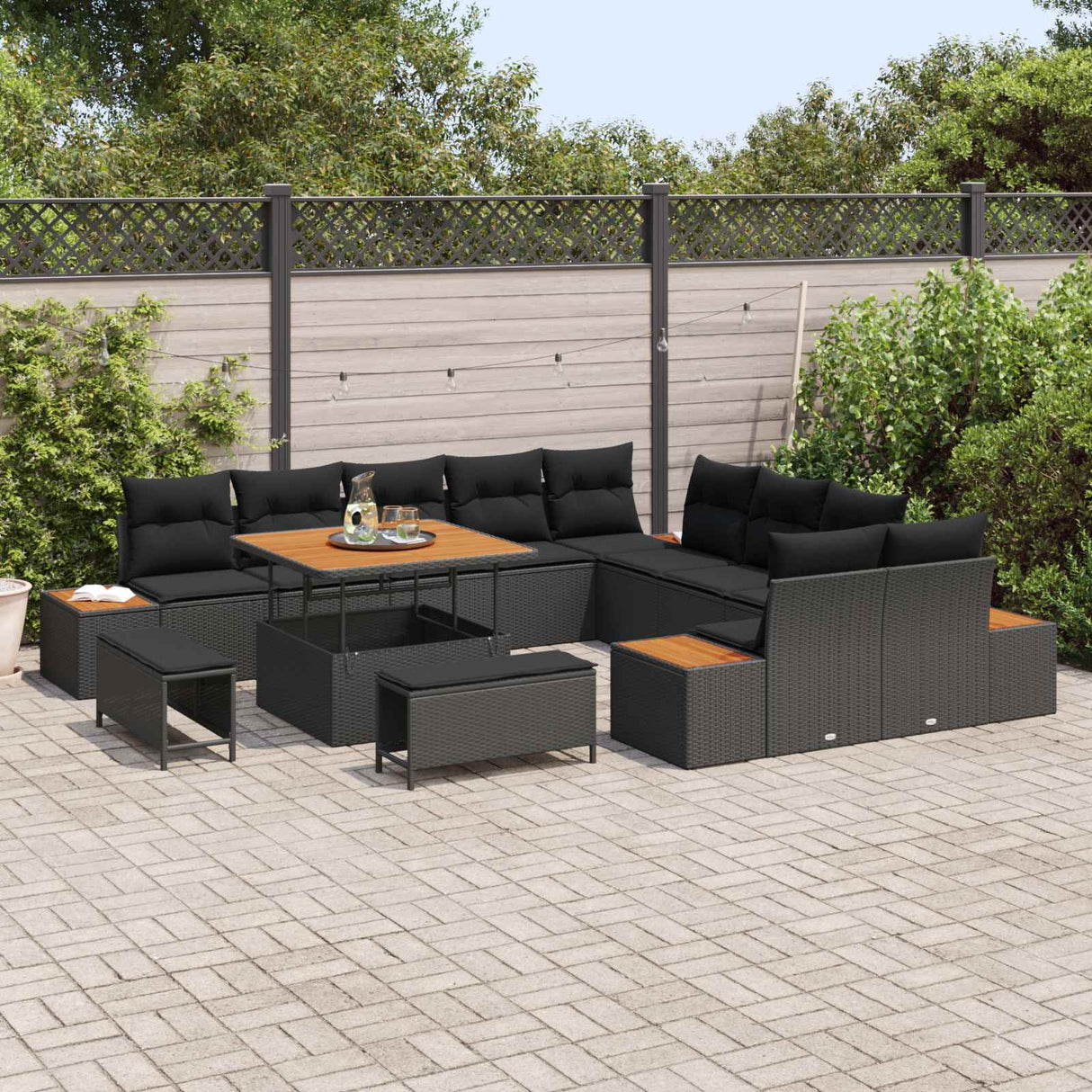 vidaXL Tuinbank Set 13 pcs Zwart Poly Riet en Poedergecoat Staal