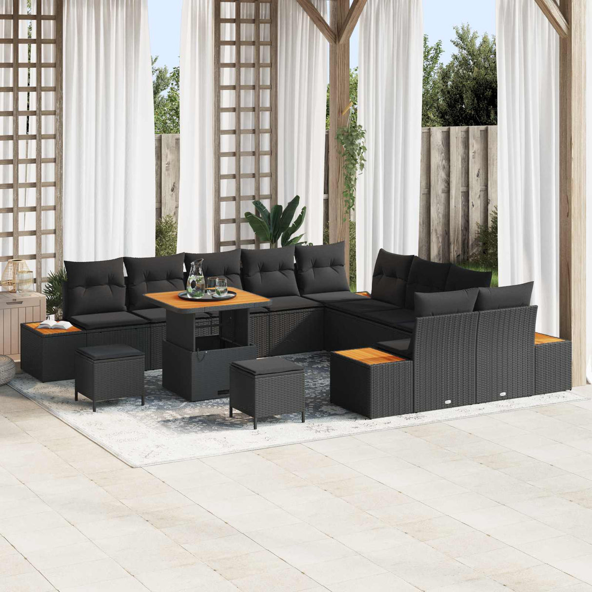 vidaXL Tuinbank Set 13 pcs Zwart Poly Riet en Poedergecoat Staal