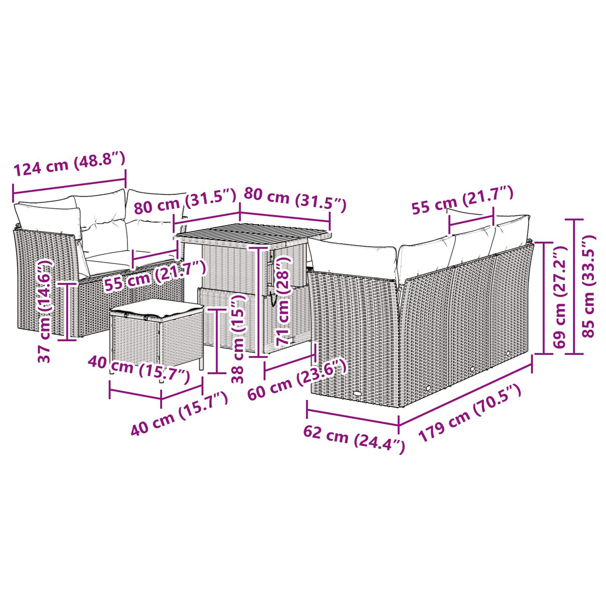 vidaXL Tuinbank Set 8 pcs Zwart Poly riet en gepoedercoat staal