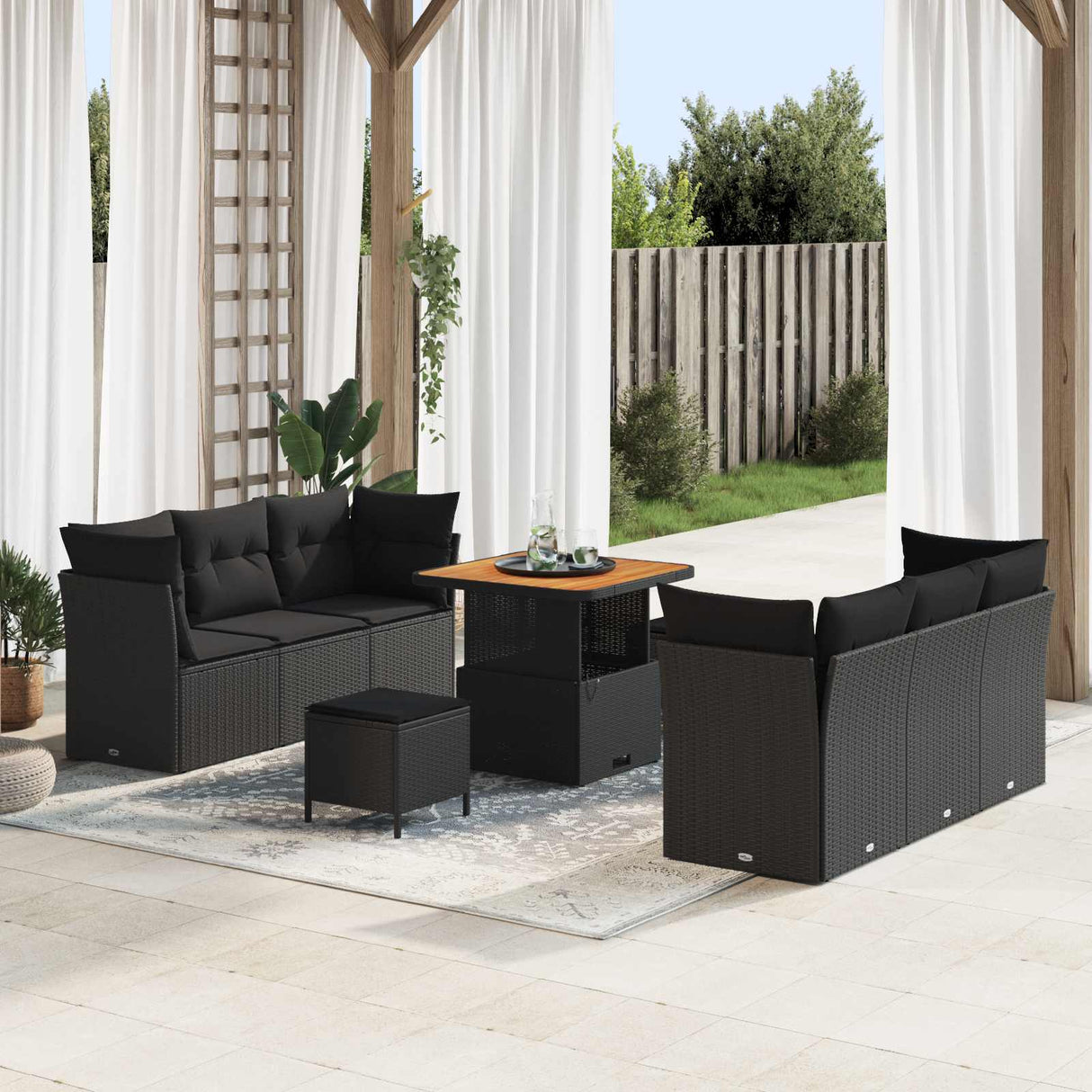 vidaXL Tuinbank Set met kussen 9 pcs Zwart poly rattan