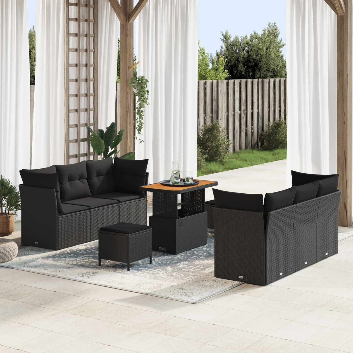 vidaXL Tuinbank Set met kussen 9 pcs Zwart poly rattan