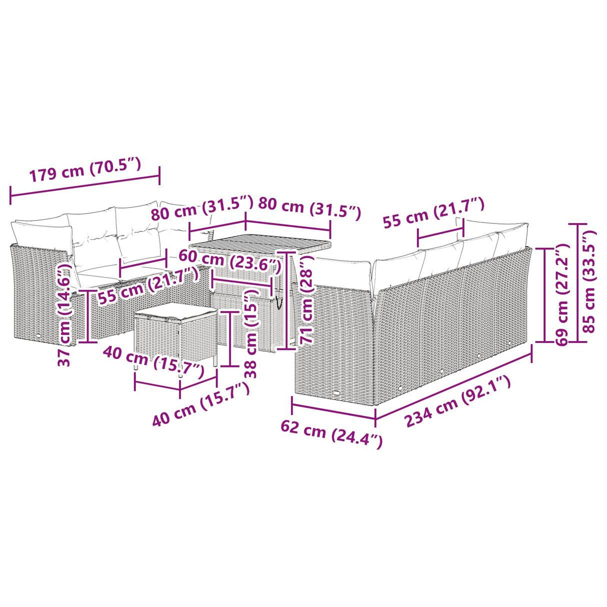vidaXL Tuinbank Set 10 pcs Zwart Poly rattan en gepoedercoat staal