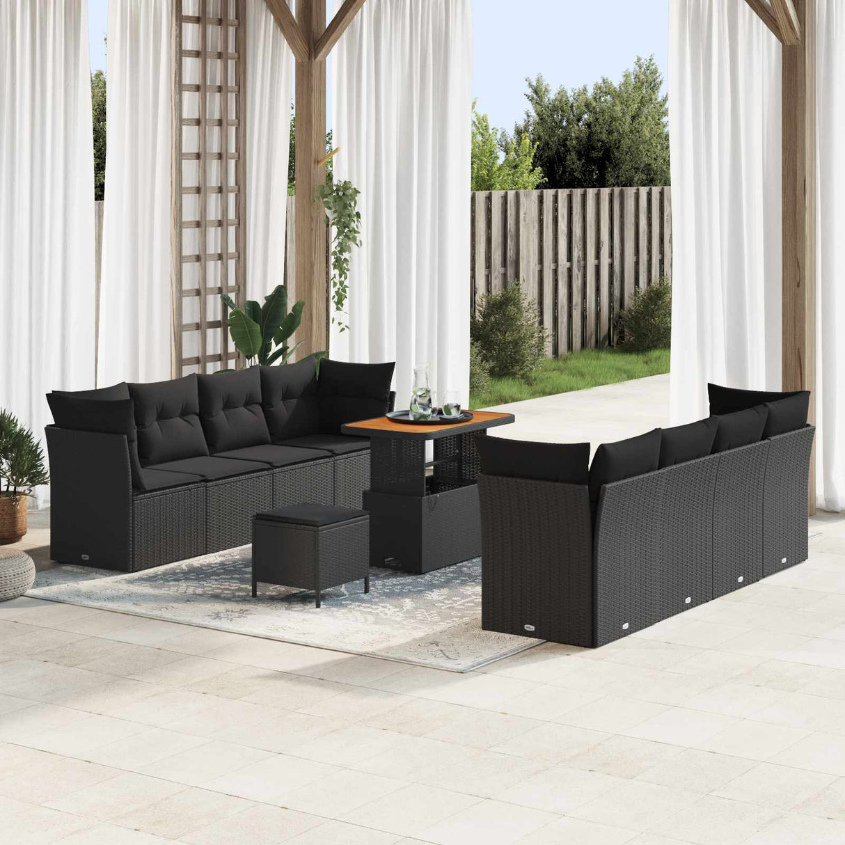 vidaXL Tuinbank Set met kussen 11 pcs Zwart poly rattan