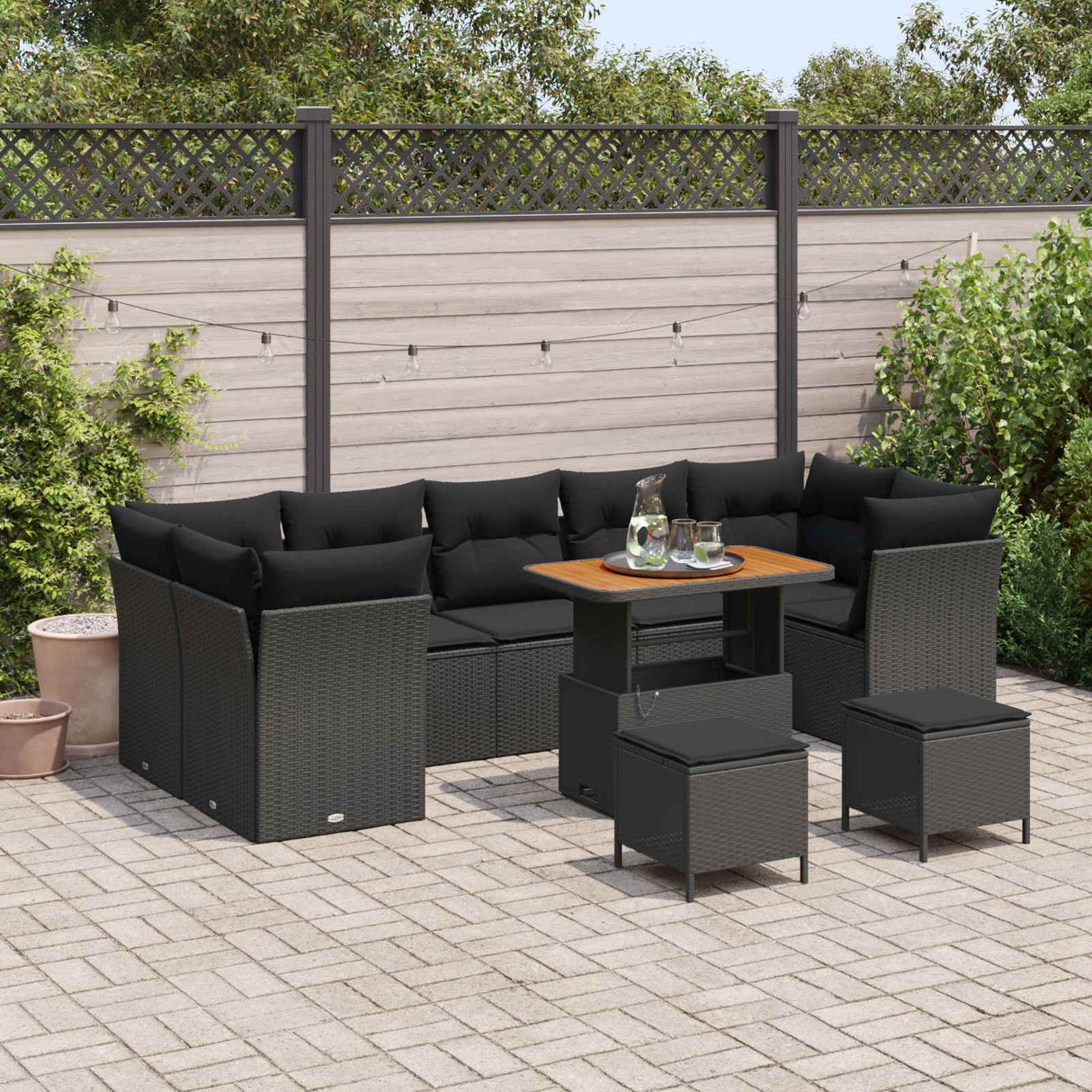 vidaXL Tuinbank Set 10 pcs Zwart Poly rattan en gepoedercoat staal