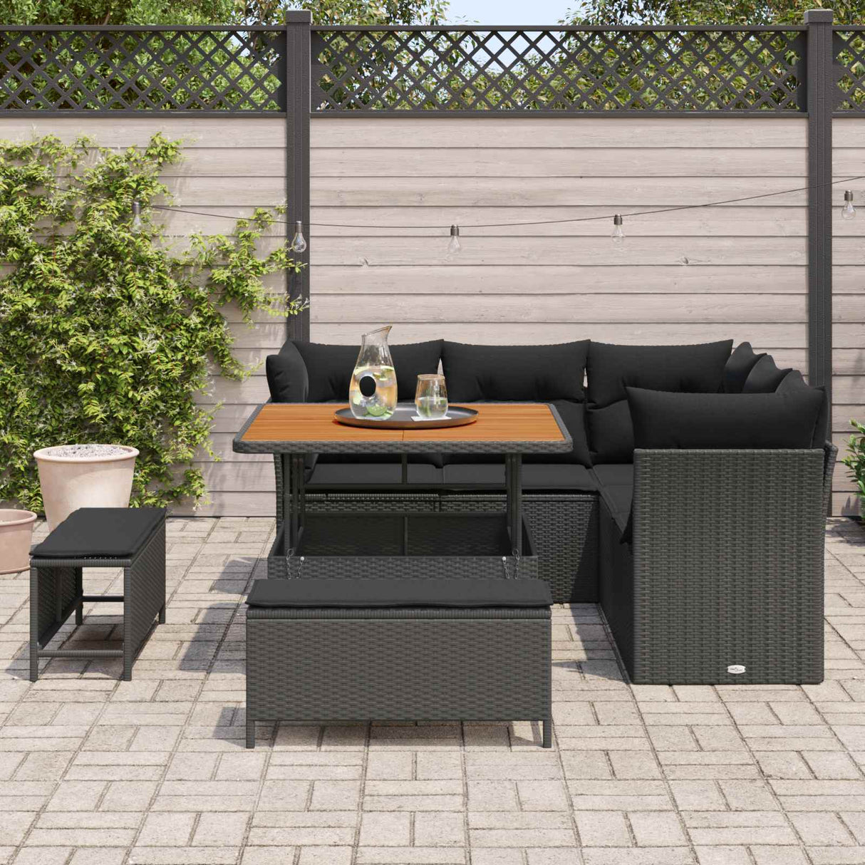 vidaXL Garden Bench Set 8 pcs Black Polyrattan and Powder-Coated Steel