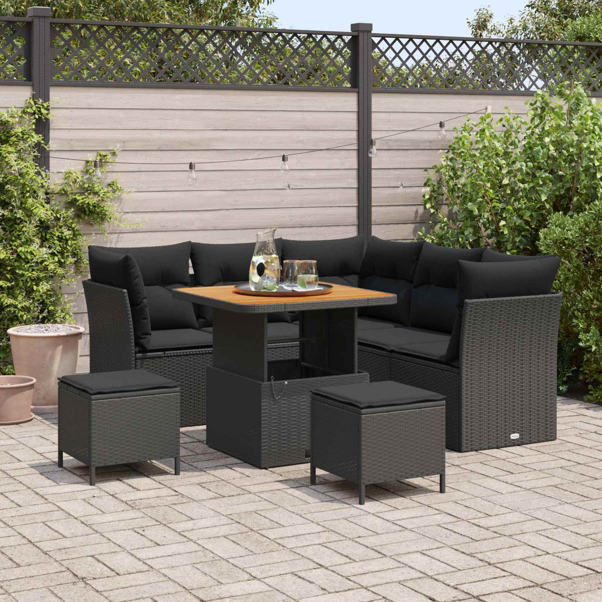 vidaXL Garden Bench Set 8 pcs Black Polyrattan and Powder-Coated Steel