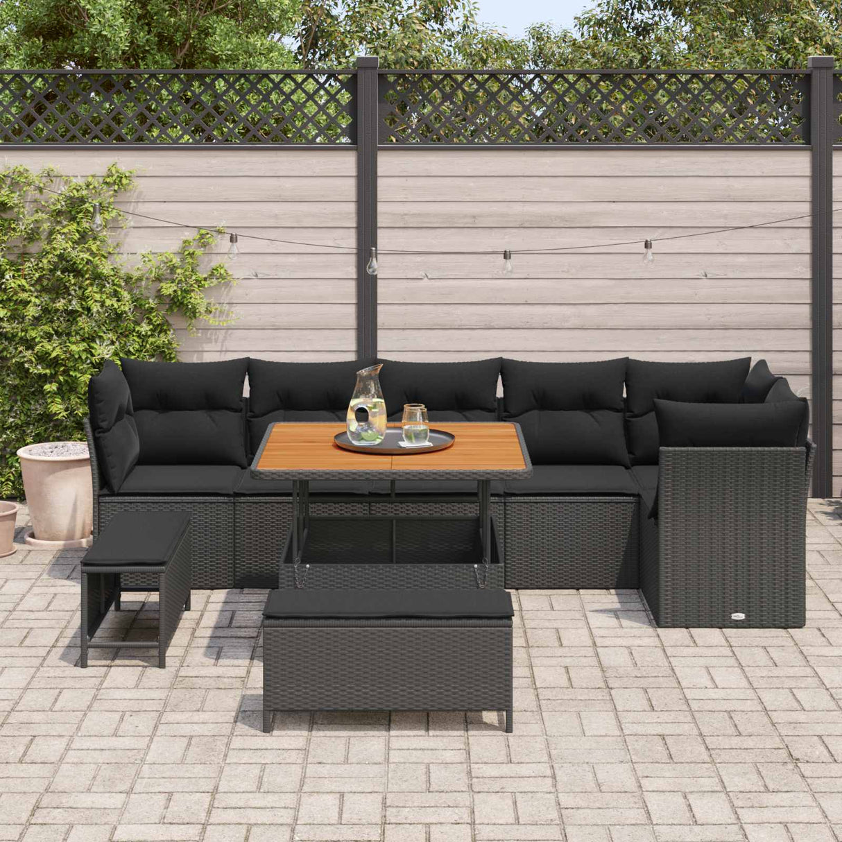 vidaXL Tuinbank Set 9 pcs Zwart Poly riet en gepoedercoat staal
