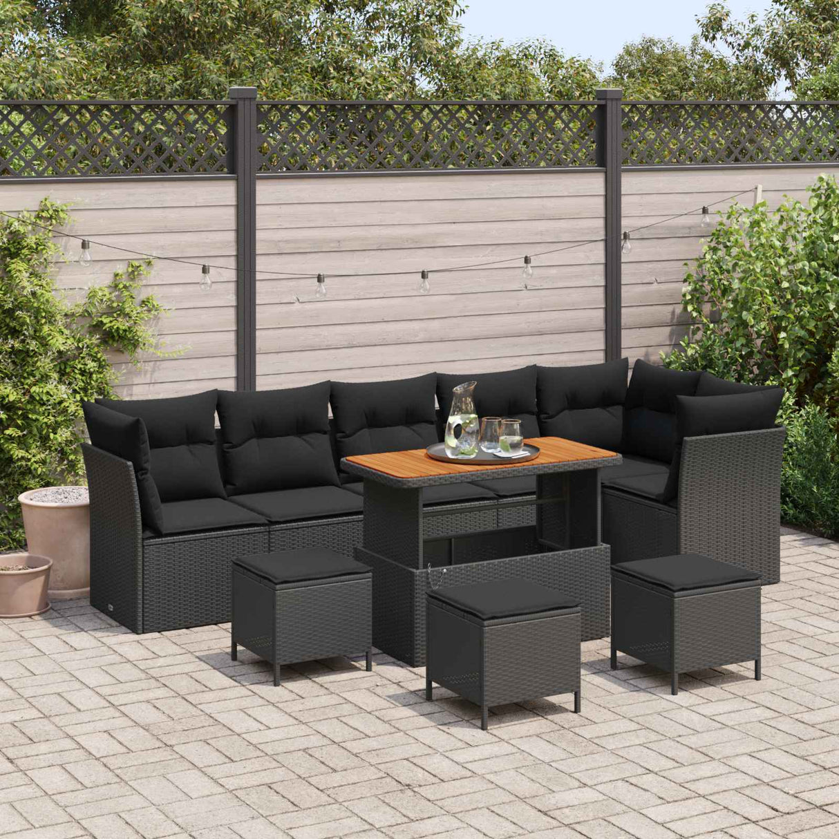 vidaXL Tuinbank Set 9 pcs Zwart Poly riet en gepoedercoat staal