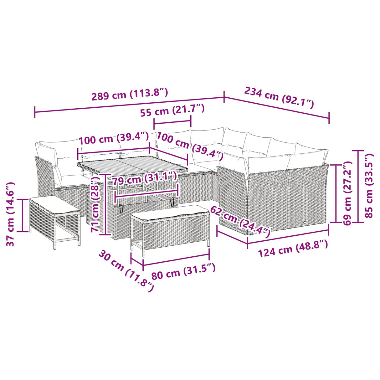 vidaXL Tuinbank Set 12 pcs Zwart Poly rattan en gepoedercoat staal