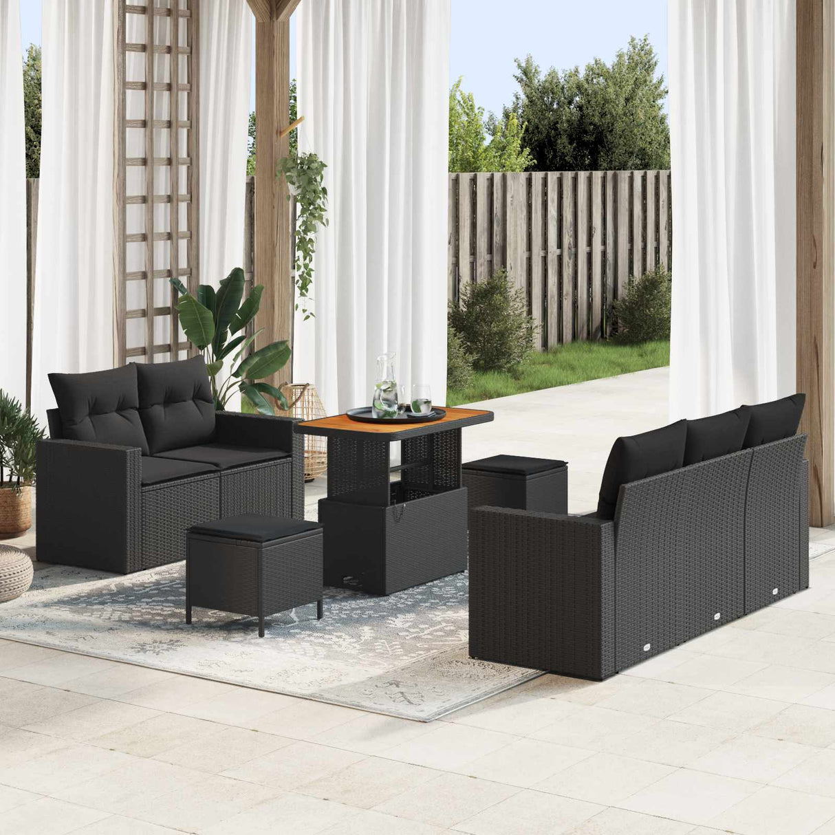 vidaXL Tuinbank Set met kussen 8 pcs Zwart poly rattan