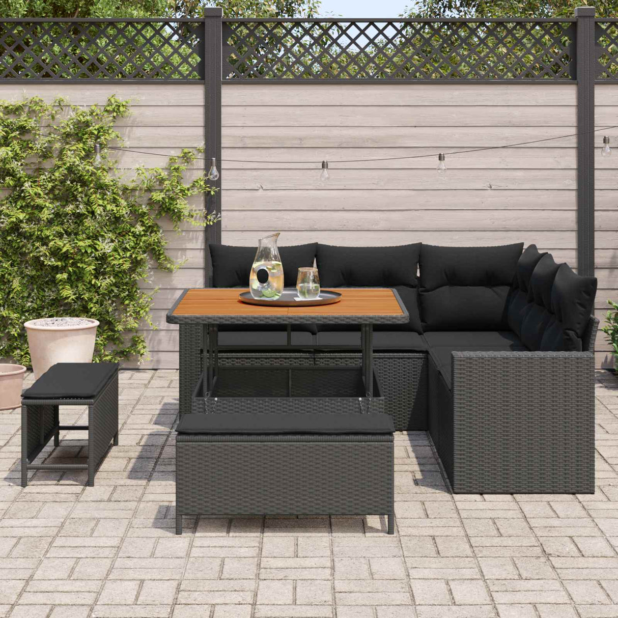vidaXL Tuinbank Set met kussen 9 pcs Zwart poly rattan