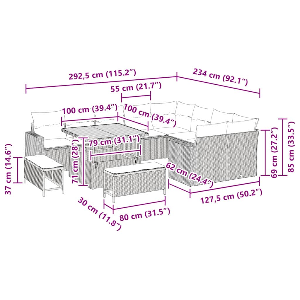 vidaXL Tuinbank Set met kussen 13 pcs Zwart poly rattan