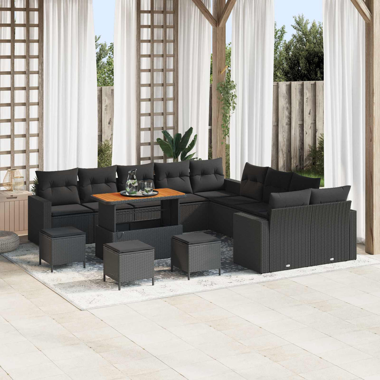 vidaXL Tuinbank Set met kussen 17 pcs Zwart poly rattan