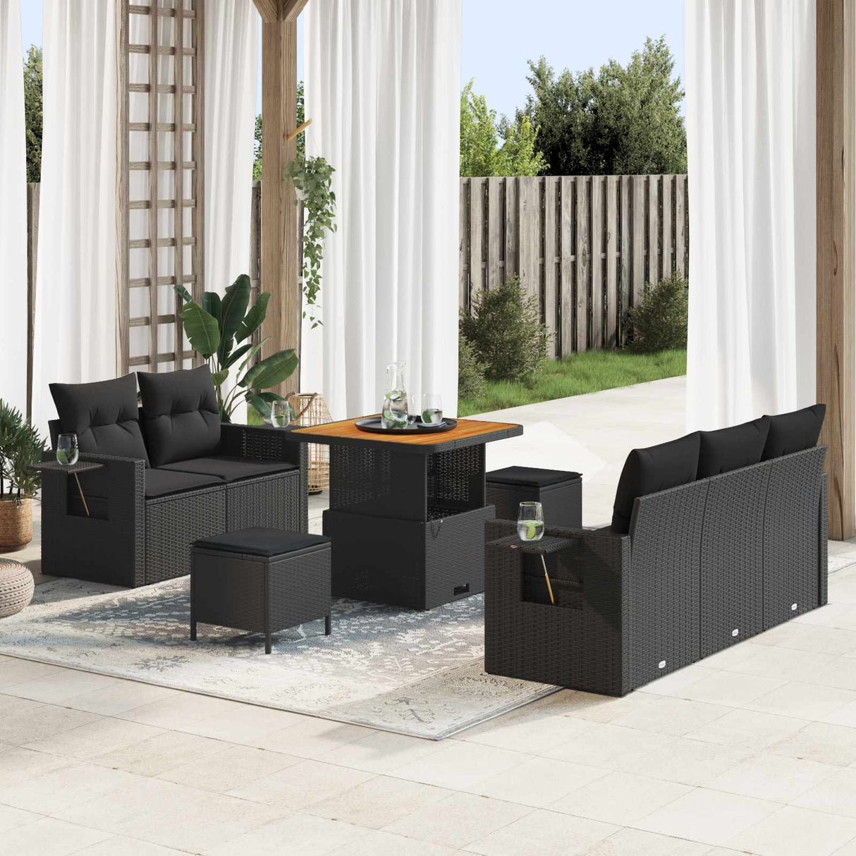 vidaXL Tuinbank Set met kussen 10 pcs Zwart poly rattan