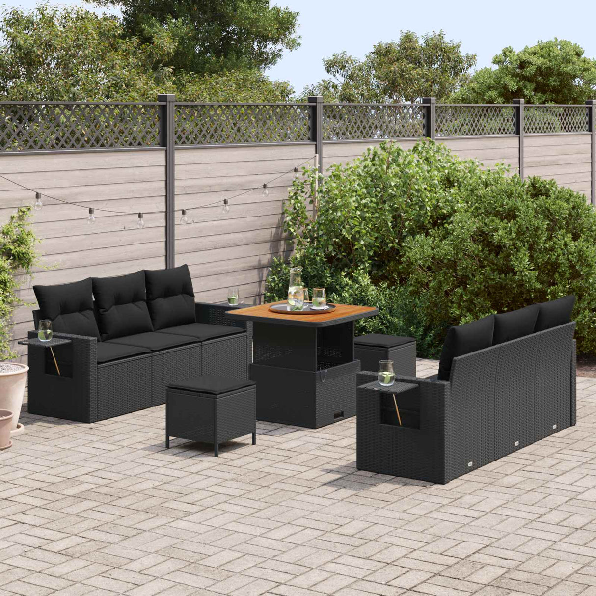 vidaXL Tuinbank Set 9 pcs Zwart Poly rattan en gepoedercoat staal