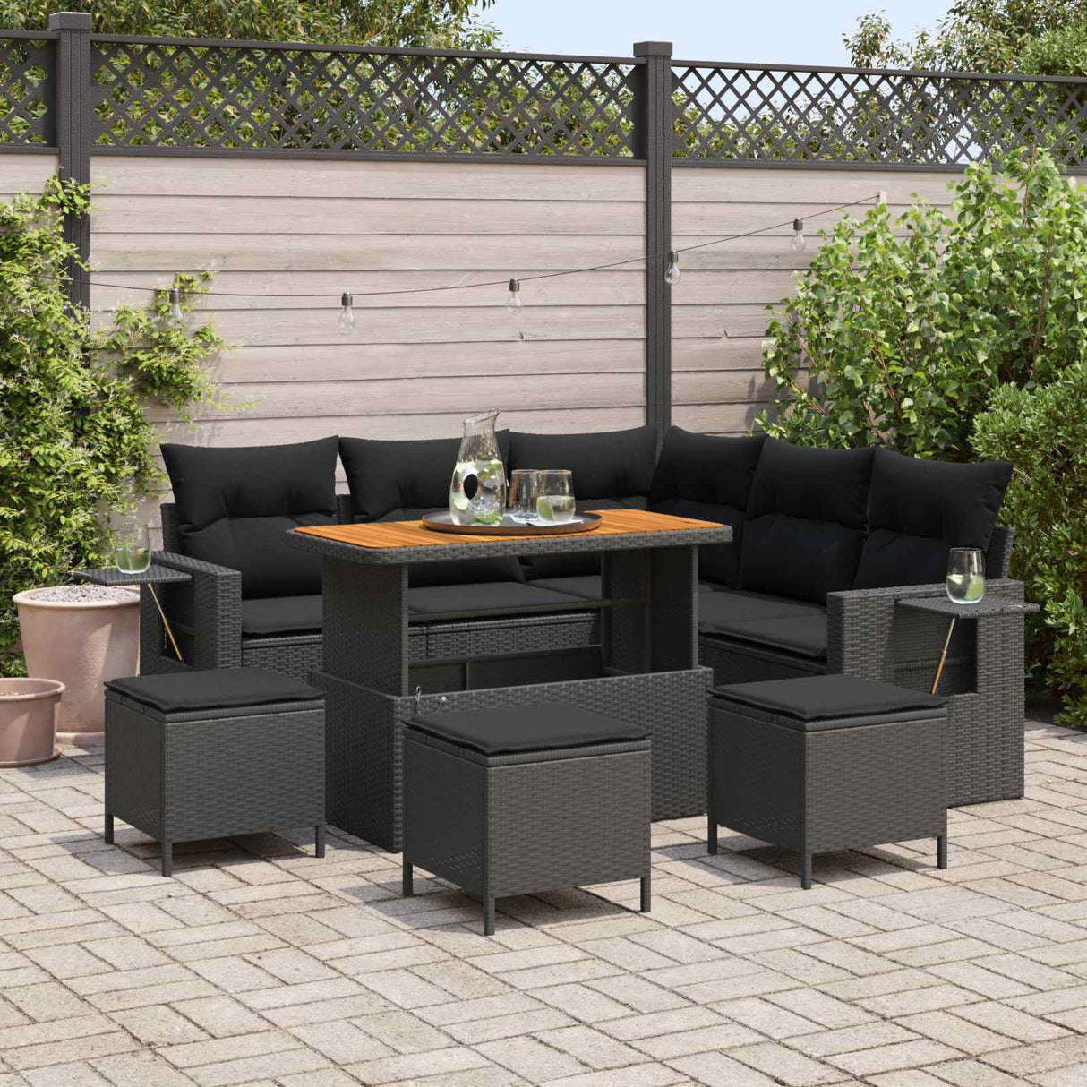 vidaXL Tuinbank Set met kussen 9 pcs Zwart poly rattan